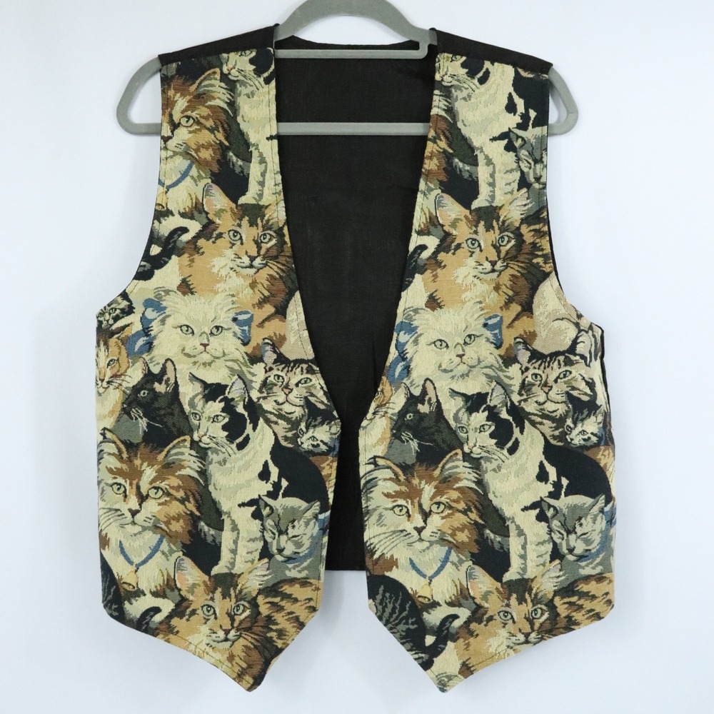 Vintage Multi-Color Cat Tapestry Vest Novelty Cottagecore Size Large ? READ